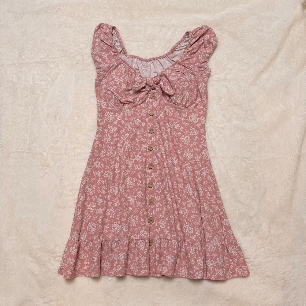 Pink Ditsy Floral Button Front Mini Dress Cottagecore Coquette Bow Ruffle L